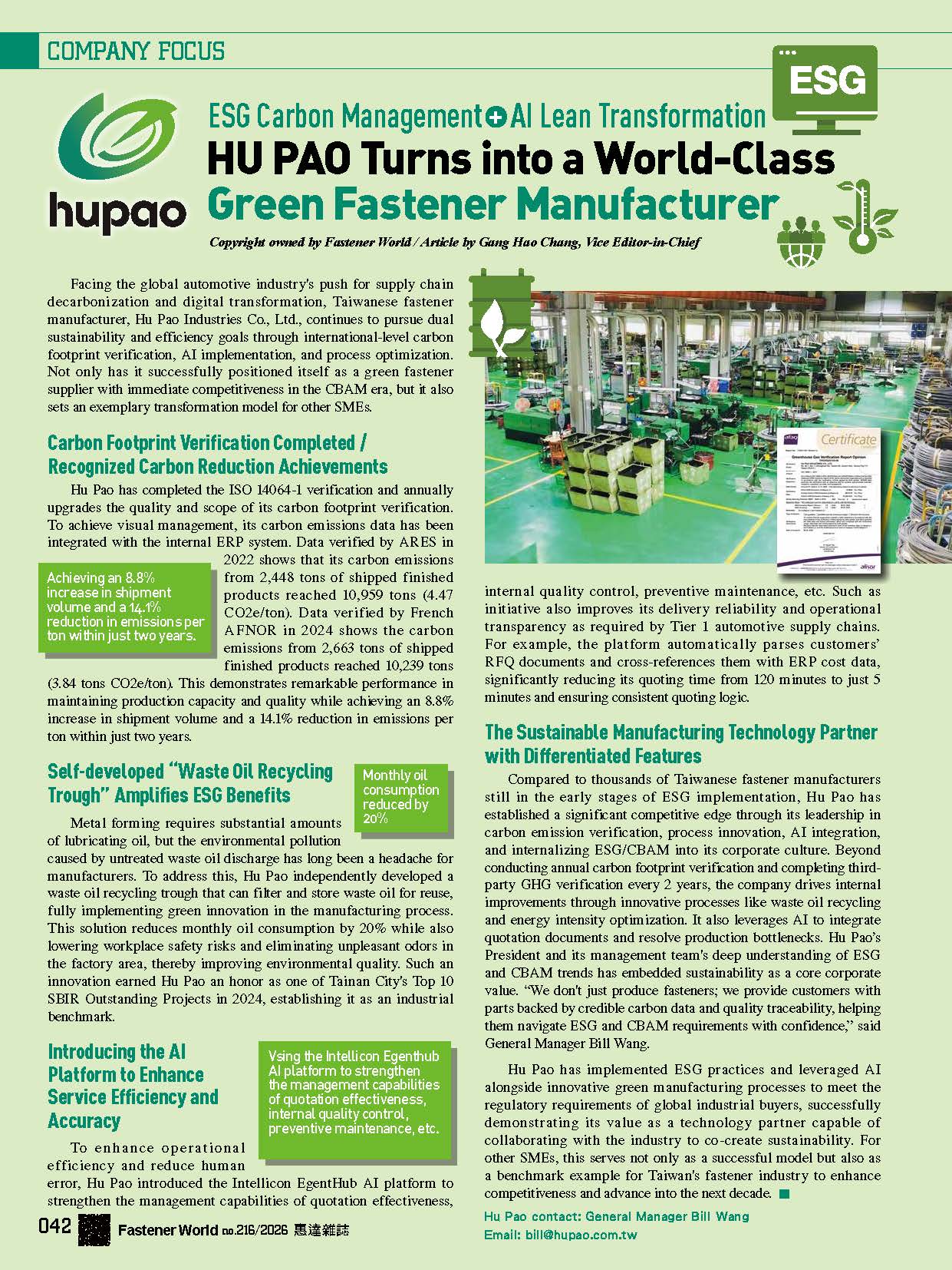 ESG Carbon Management + AI Lean Transformation HU PAO Turns into a World-Class Green Fastener Manufacturer